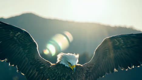 majestic bald eagle spreading wings against mountain backdrop at sunrise