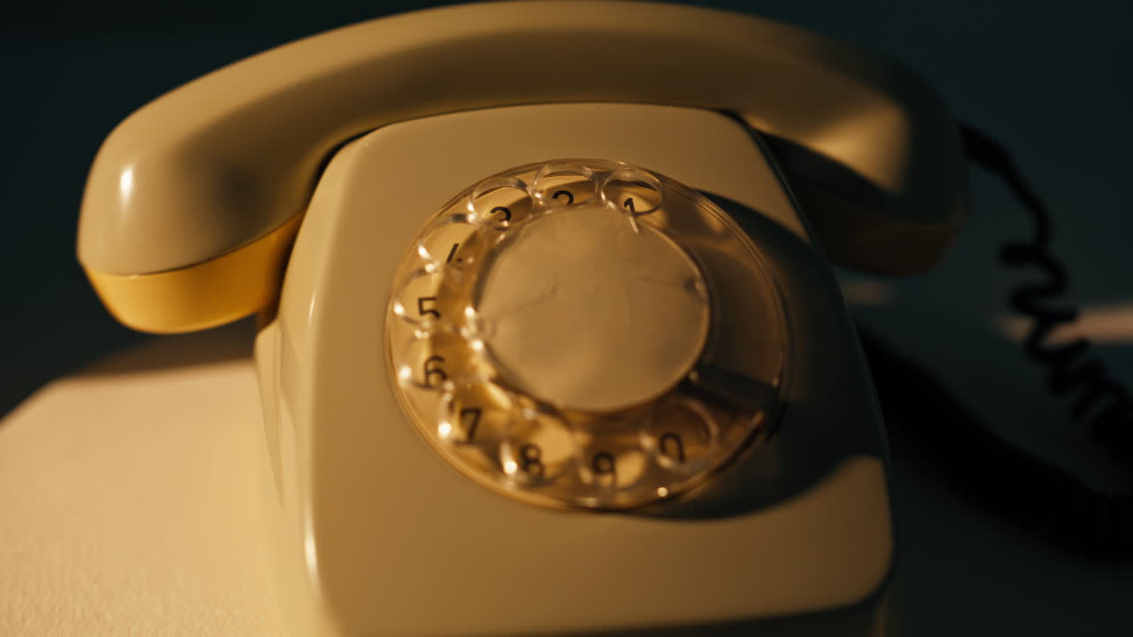 Closeup retro telephone potating in lamp light dark room. Old phone spinning