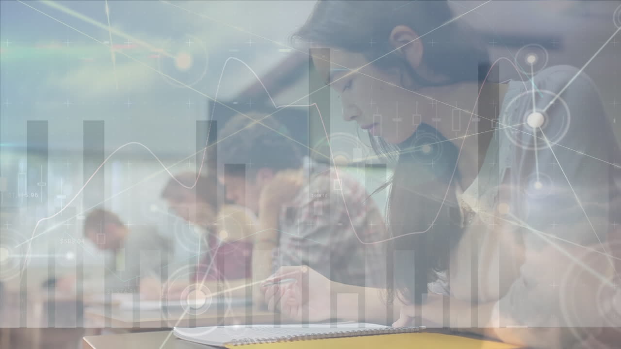 animación del procesamiento de datos financieros y red de conexiones entre diversos estudiantes en la oficina