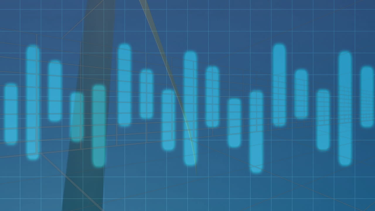 abstract bar chart displaying on blue grid, showing glowing bars, wireframe lines and planes