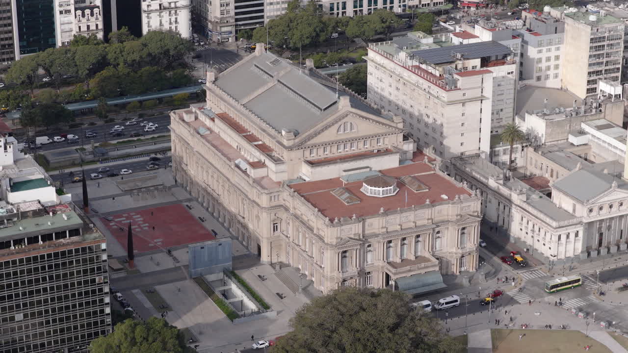 Drone aerial view of Teatro Colon and surrounding cityscape in Buenos Aires Argentina