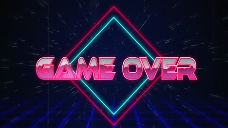 juego retro sobre texto glitching sobre triángulos azules y rojos 4k