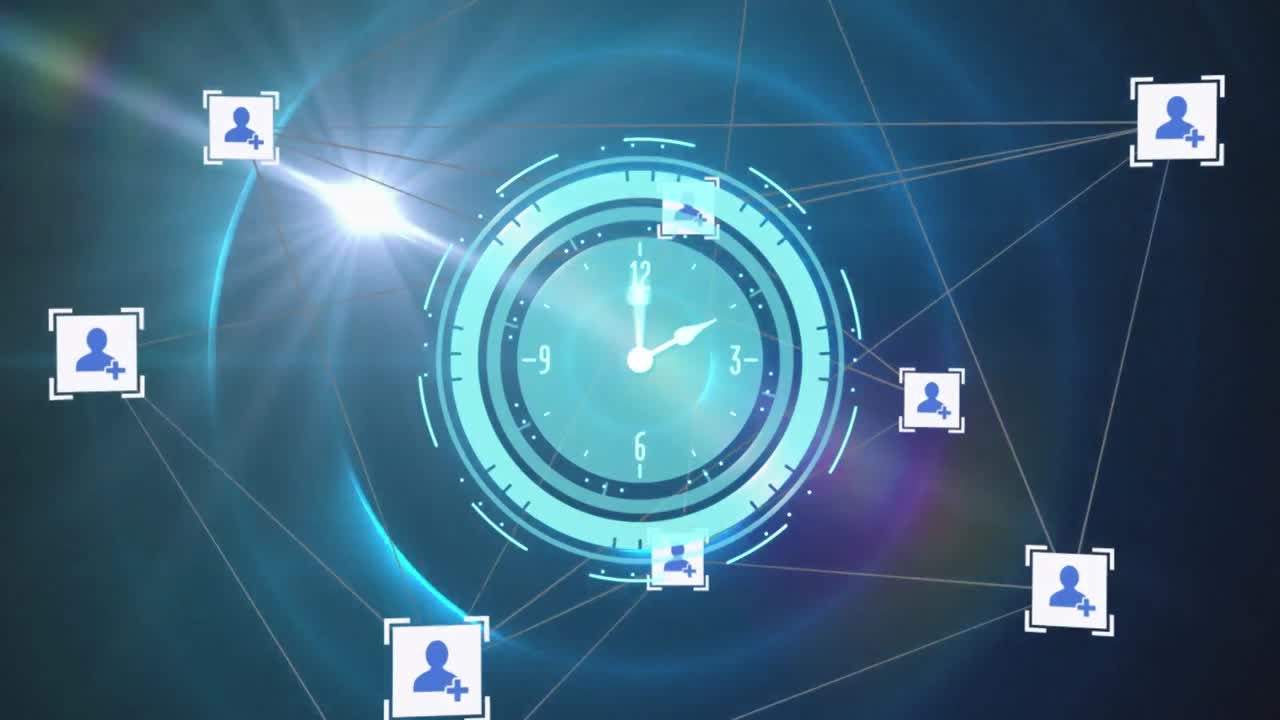 타크하는 시계의 애니메이션, 디지털 아이콘의 네트워크, 빛의 점, 원형 움직임의 빛의 흔적