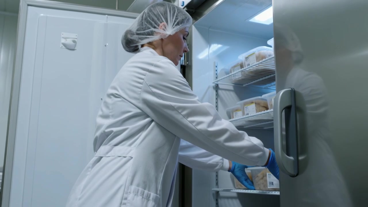 Afferrando la maniglia, un tecnico in camice da laboratorio, retina per capelli e guanti blu apre una cella frigorifera, tirando un contenitore per spostarlo.