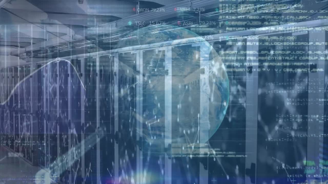 지구의 애니메이션과 컴퓨터 서버를 통한 데이터 처리