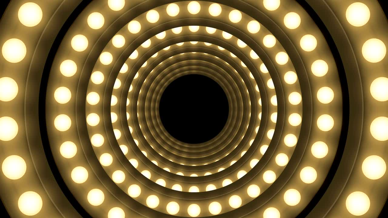 caja de bombilla incandescente de túnel forma de círculo patrón móvil, estilo retro 3d ilustración de estilo virtual brillo en fondo oscuro animación de bucle sin costuras 4k, con espacio de copia