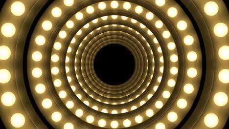 caja de bombilla incandescente de túnel forma de círculo patrón móvil, estilo retro 3d ilustración de estilo virtual brillo en fondo oscuro animación de bucle sin costuras 4k, con espacio de copia