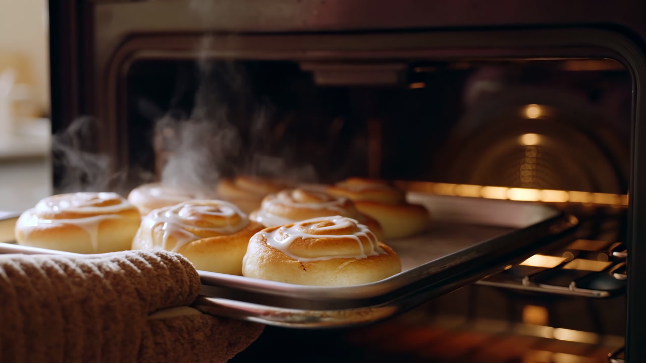 Fresh Cinnamon Rolls Steaming In Oven, Home Baker Wearing Oven Mitt Slides Golden Tray From Warm Kitchen Oven,