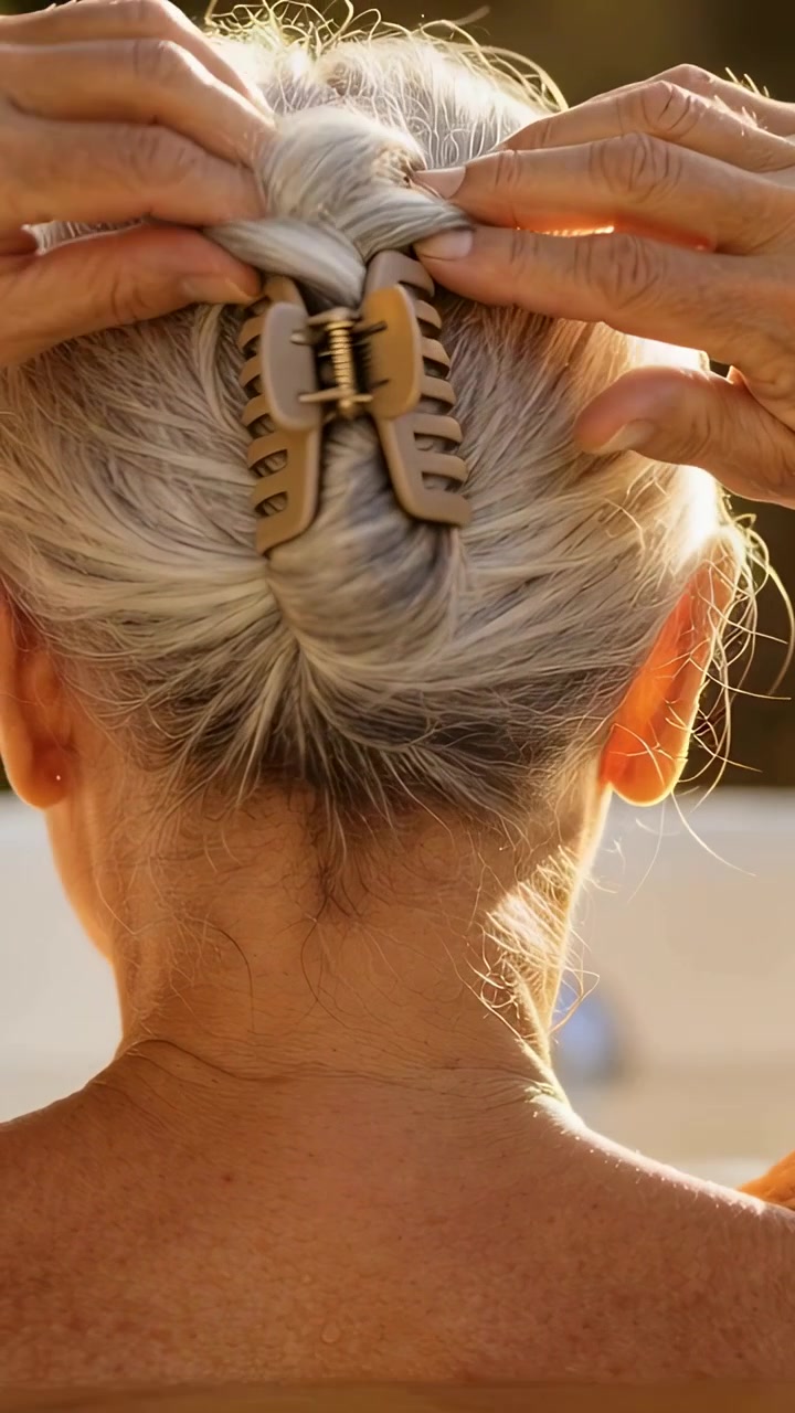 Video vertical: Mujer mayor girándose y sujetando su cabello gris con una pinza de garra color tostado para ir a la piscina.