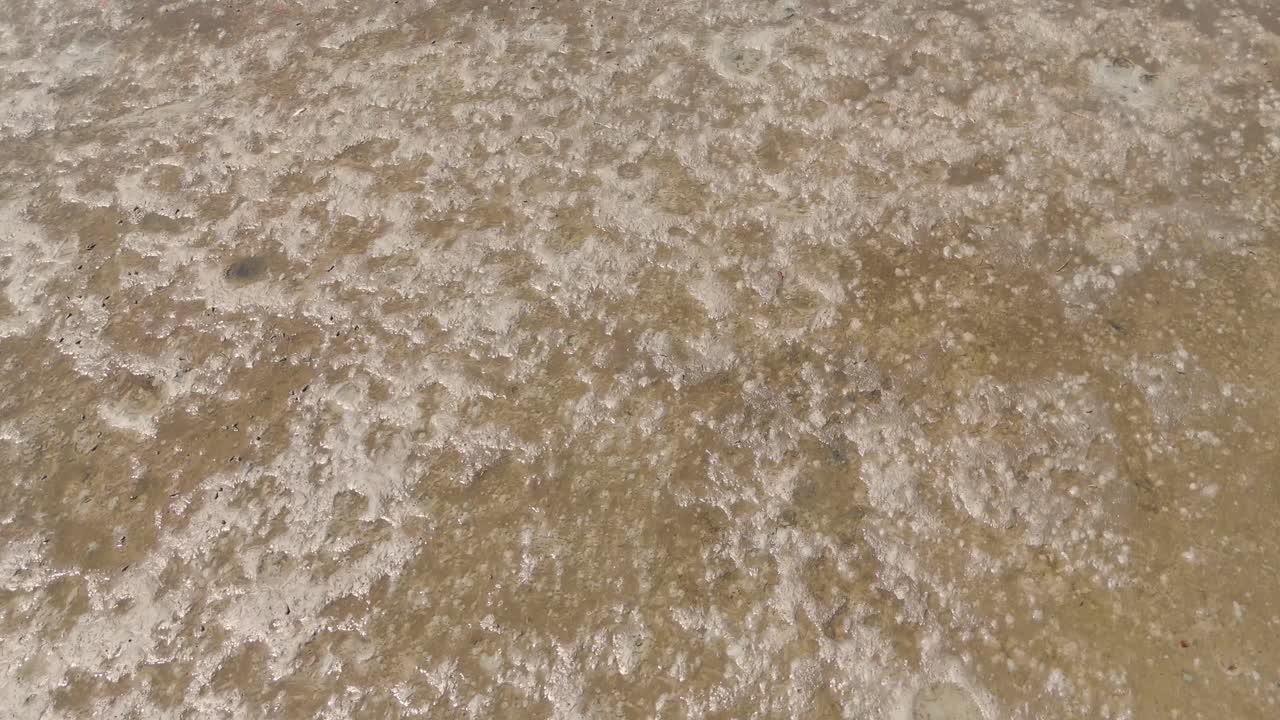 드론은 모래 해변과 물의 질감을 포착합니다.