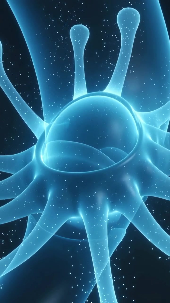 Video verticale: Telecamera che ruota mostrando una cellula illuminata che pulsa in un fluido scuro, rivelando la forma tramite un tubo.