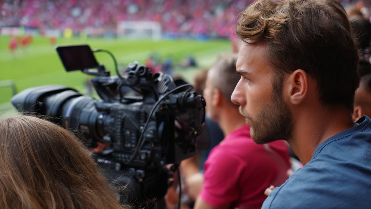 A focused cameraman captures action during a sporting event, showcasing the excitement and intensity of live sports from the audience's perspective