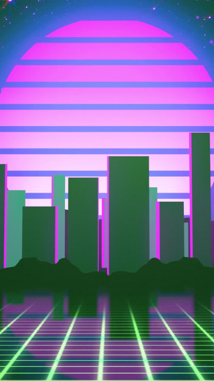 Paesaggio urbano verticale Retrowave con griglia al neon e sole