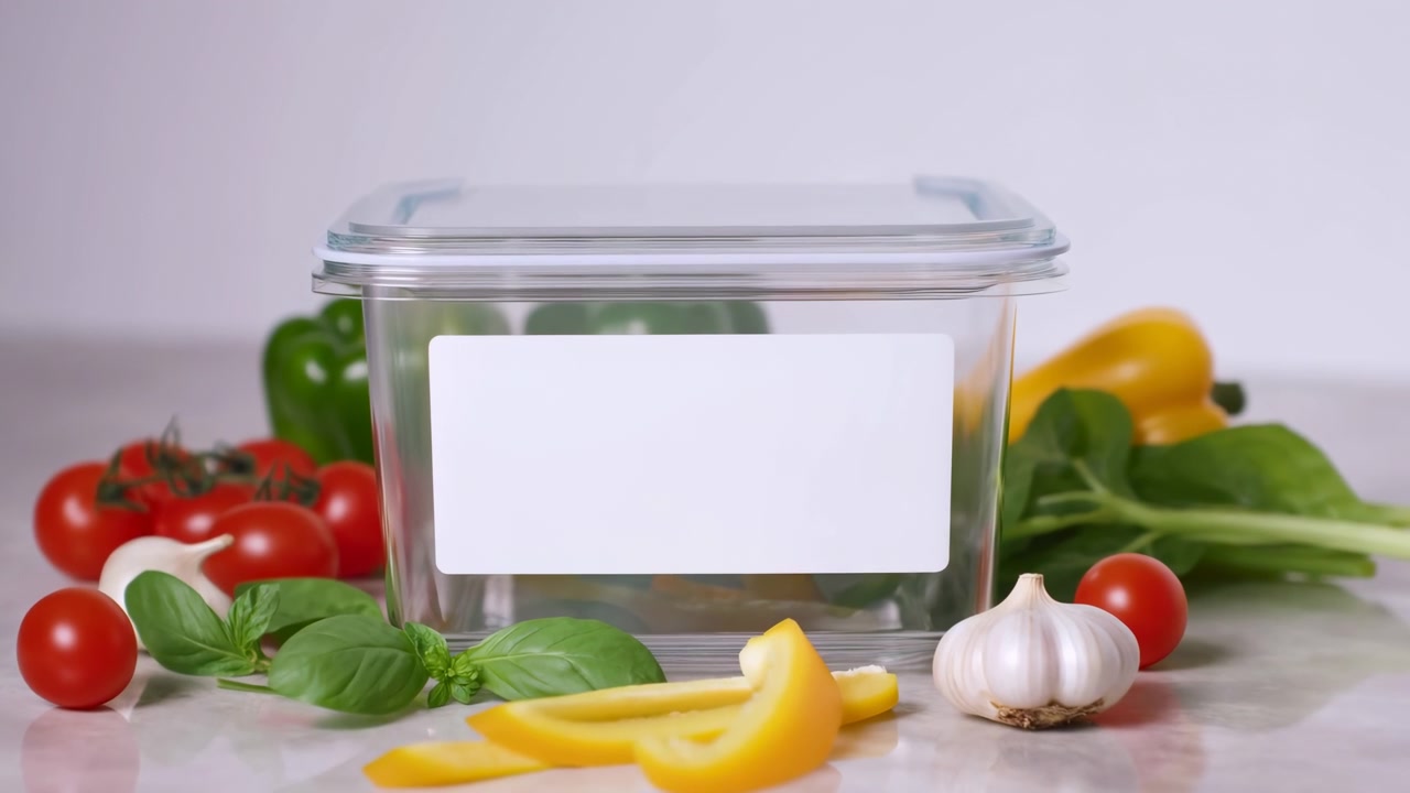 Contenitore rettangolare trasparente centrato su un piano di lavoro della cucina, circondato da pomodori, basilico, peperoni, aglio e altri prodotti freschi sotto una luce interna soffusa