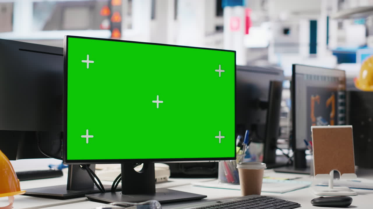 Green screen display on computer used to help in photovoltaics factory
