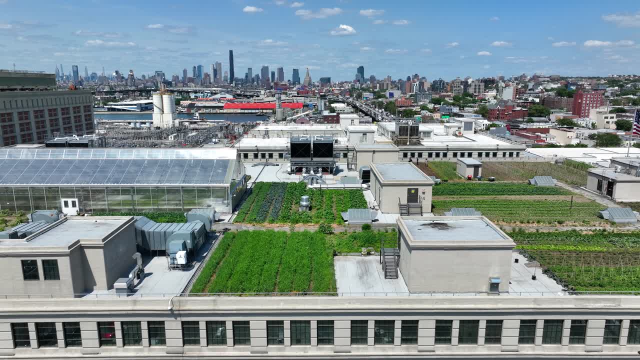 맨해튼 의 뉴욕 시의 스카이라인 앞 에 온실 이 있는 초록색 지붕 정원 의 항공 트럭  ⁇  - 브루클린 의 교차로 에 있는 교통 - 파노라마 드론  ⁇