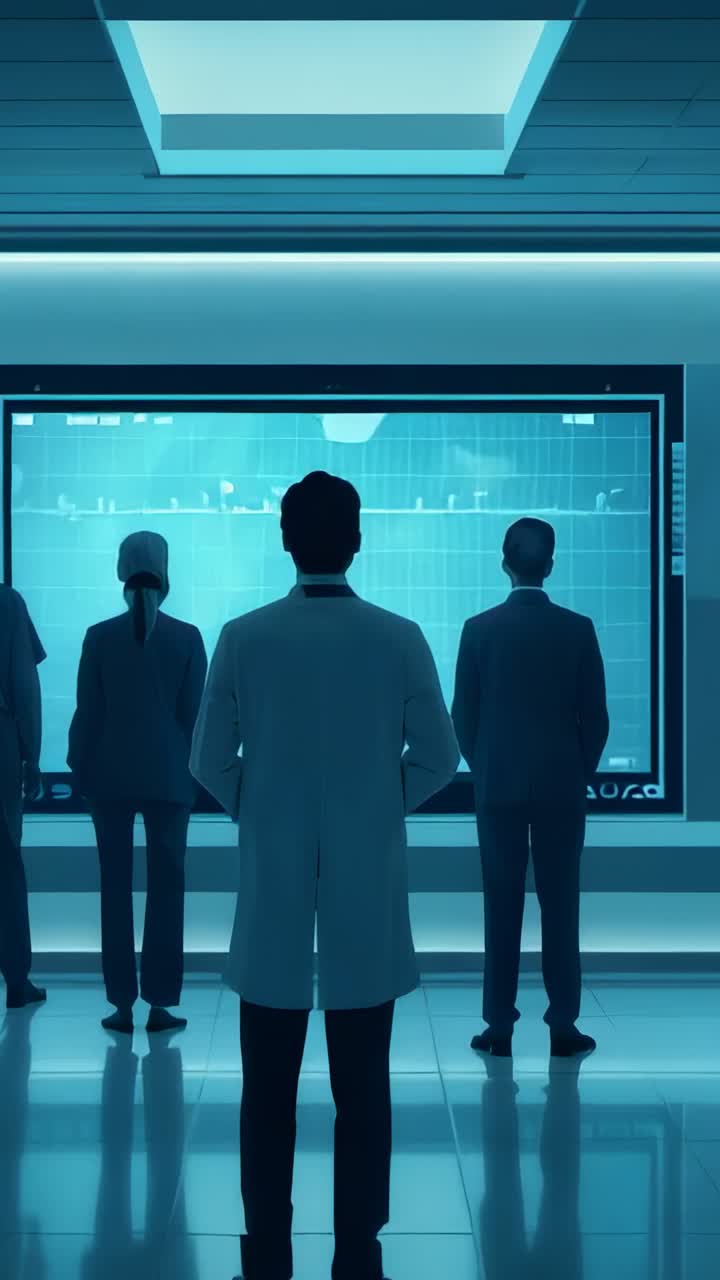 Vertical video: Watching lab-coat leader monitoring glowing screen in control hub assessing trend