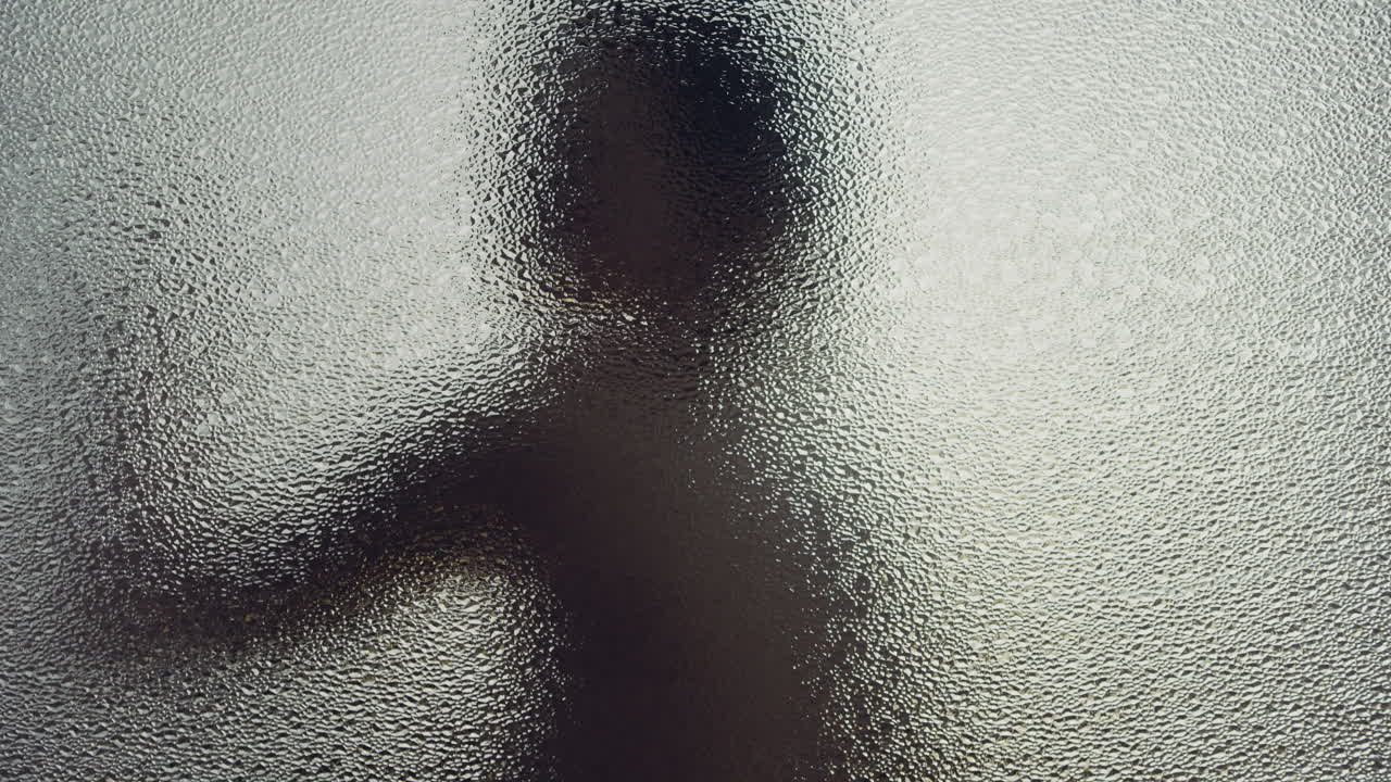A female silhouette behind the frosted glass moves slowly
