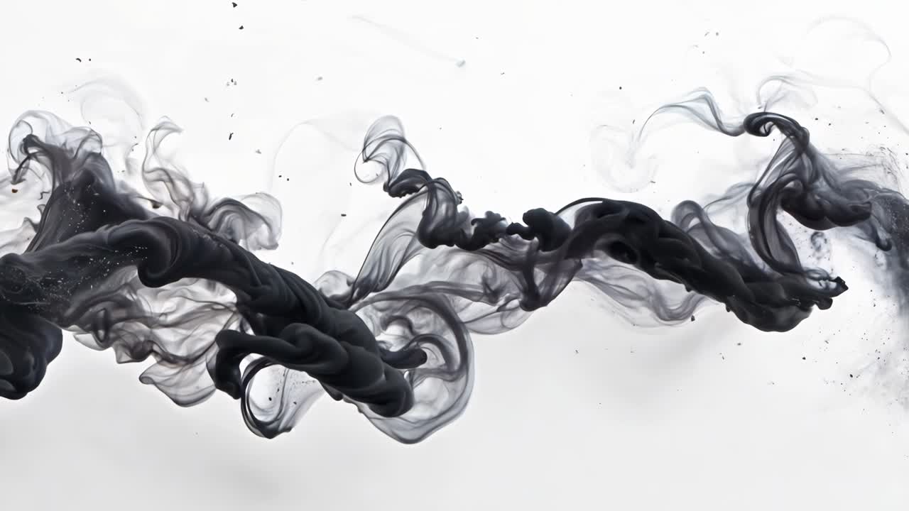 A long, curving line of smoke is shown in black and white. The smoke is thick and dark, and it seems to be coming from a source in the distance. The image has a moody, mysterious feel to it