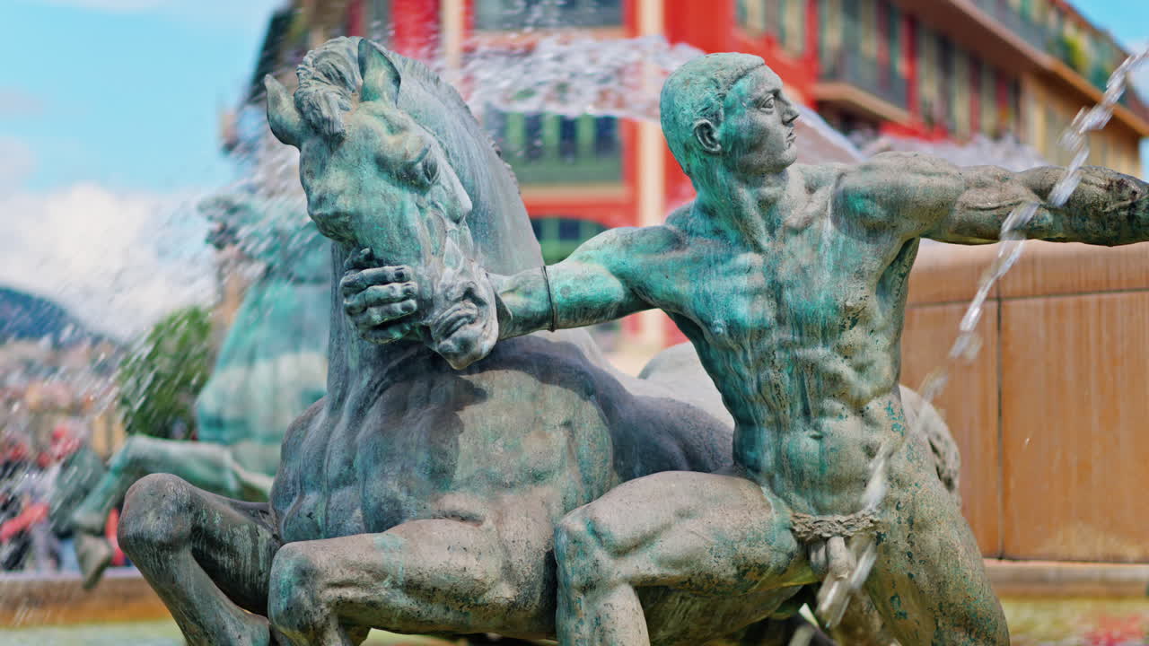 Nice, France - May 12, 2025: Close up of the Sun water fountain in the Massena Square in daylight