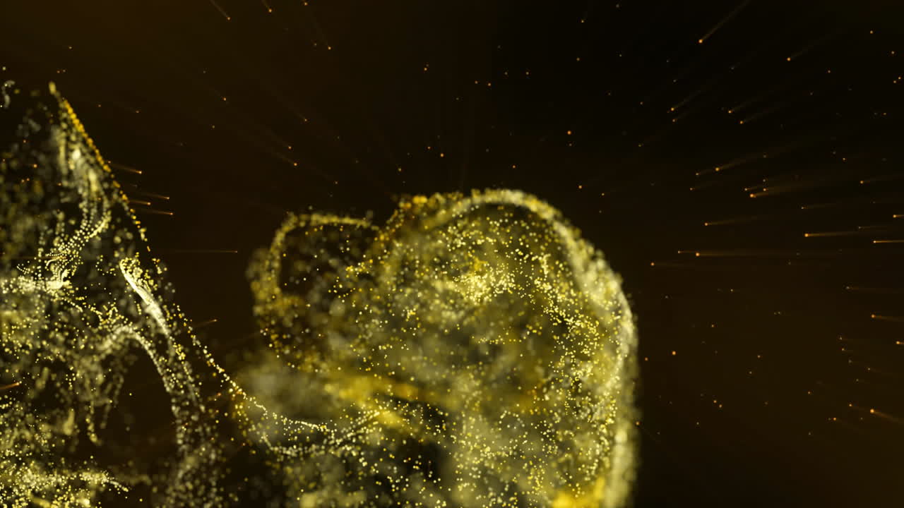 Swirling golden particles forming semi-spherical clouds in dark void, radiating light streaks