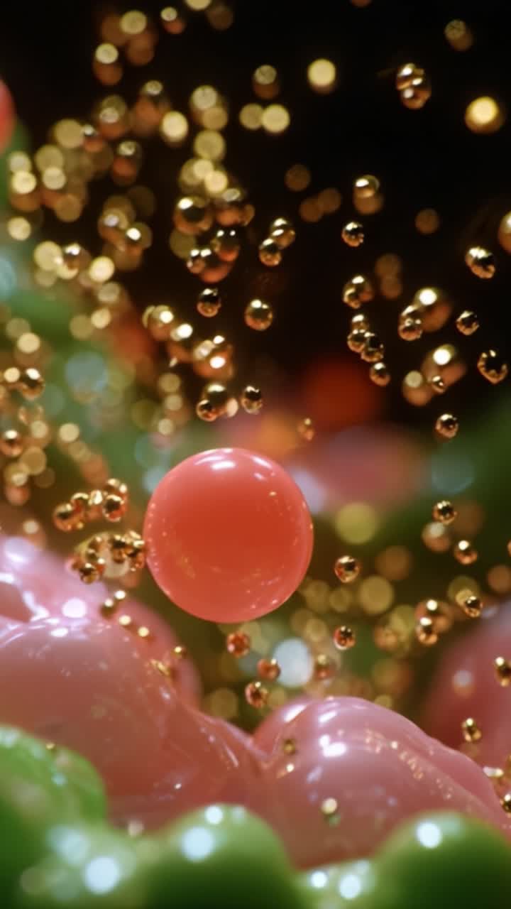 Un primo piano astratto di sfere colorate circondate da goccioline scintillanti, che mostra una miscela ipnotizzante di texture e tonalità vibranti in una visualizzazione dinamica.