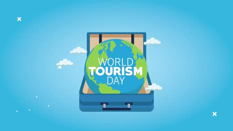 letras del día mundial del turismo con maleta y planeta tierra