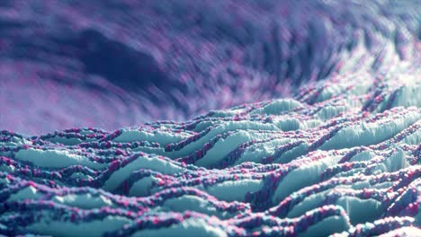 Abstract wave displacement surface. Abstract planet surface. Noise texture makes a highs and lows surface details. Blue pink spectrum. Seamless loop 4k 3d render