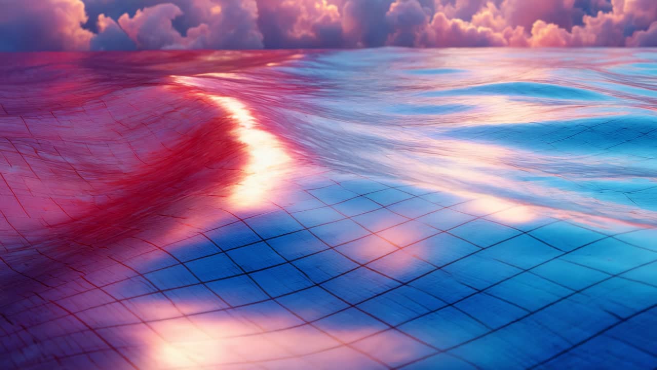 Stunning Abstract Landscape of Water Waves Reflecting Colorful Skies Above, with Rich Tones of Pink and Blue Creating a Dreamlike and Ethereal Scene, Capturing the Beauty of Nature in Motion