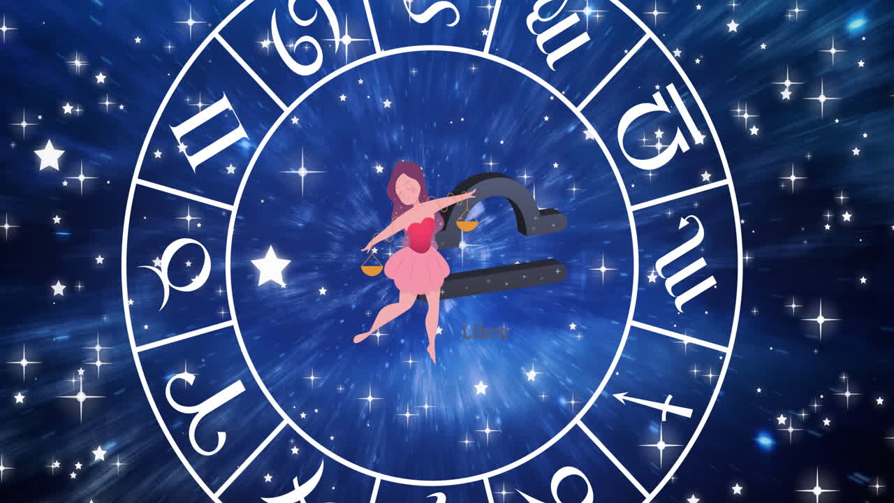 animación del signo estelar de libra dentro de la rueda giratoria de los signos del zodiaco sobre las estrellas en el cielo azul