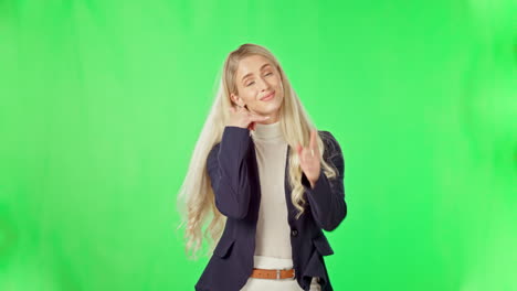 Green-screen,-woman-face-and-call-me-hand-sign