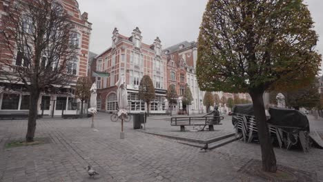 the kotmadam statue at the old square in leuven surrounded by doves during belgian corona lockdown