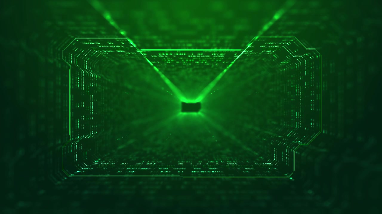 Green cyber portal interface visual with luminous circuit frame deep tunnel effect scanning beams