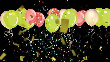 Animation-of-colorful-balloons-flying-and-falling-confetti-over-black-background