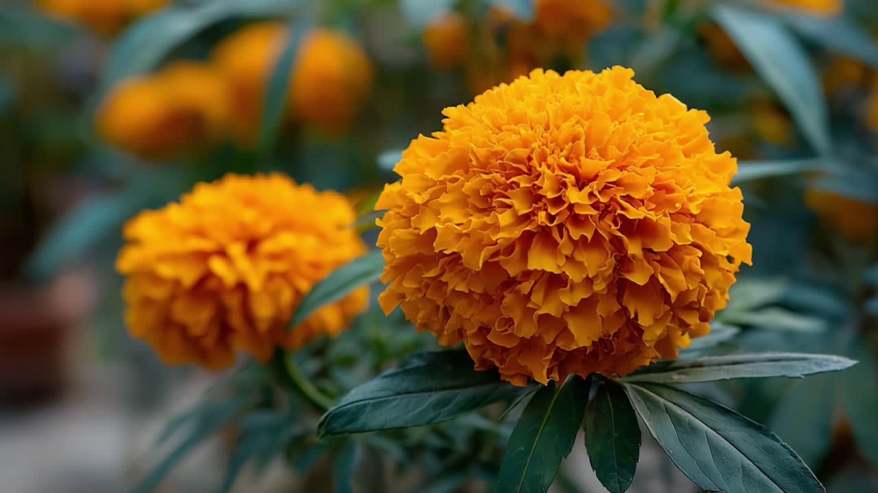 En levende utstilling av ringblomster i full blomst, som viser deres rike oransje farge og frodige grønne blader, perfekt for hageestetikk og naturlig skjønnhet.