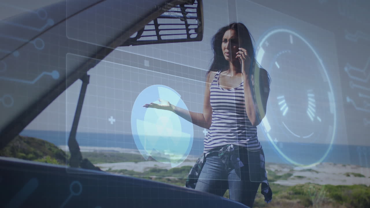 Woman on phone beside car with digital interface animation over scenic landscape