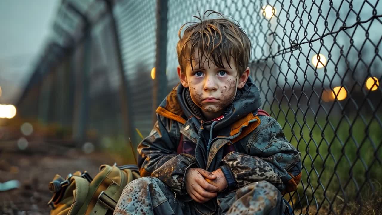 A sad and homeless boy sitting by a fence