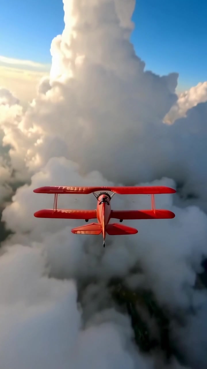 Rød biplan, der flyver over skyerne ved solnedgang