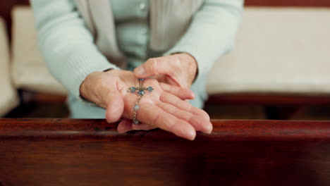 rosary, prayer or hands of woman in church