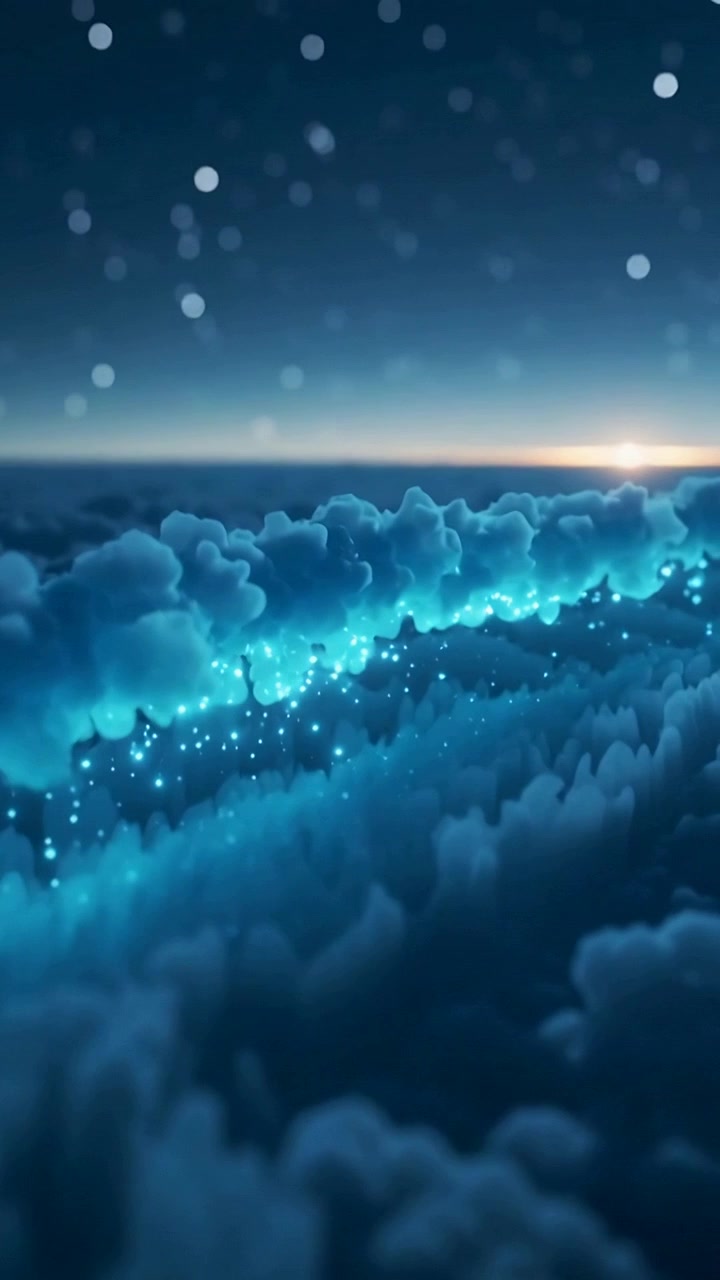 Video verticale: Una vista che si allontana mostra una cresta color verde acqua che emette scintille ciano, con il sole che fa capolino al crepuscolo