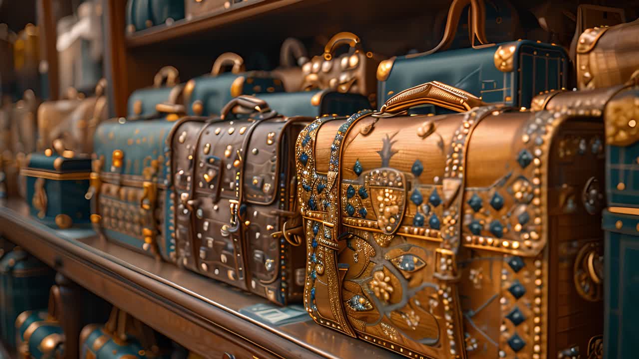 Row of Ornate Vintage Briefcases on Display