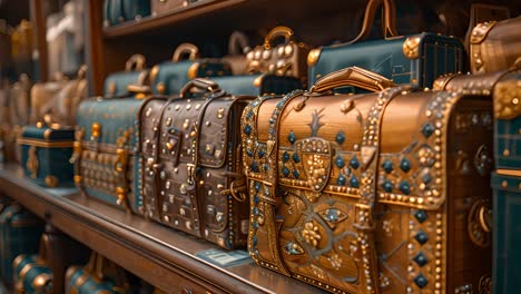 row of ornate vintage briefcases on display