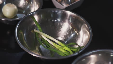 preparación de alimentos con cebollas verdes y otros ingredientes