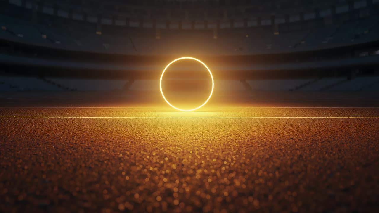 Glowing golden ring casting warm halo on textured arena floor, creating soft reflections