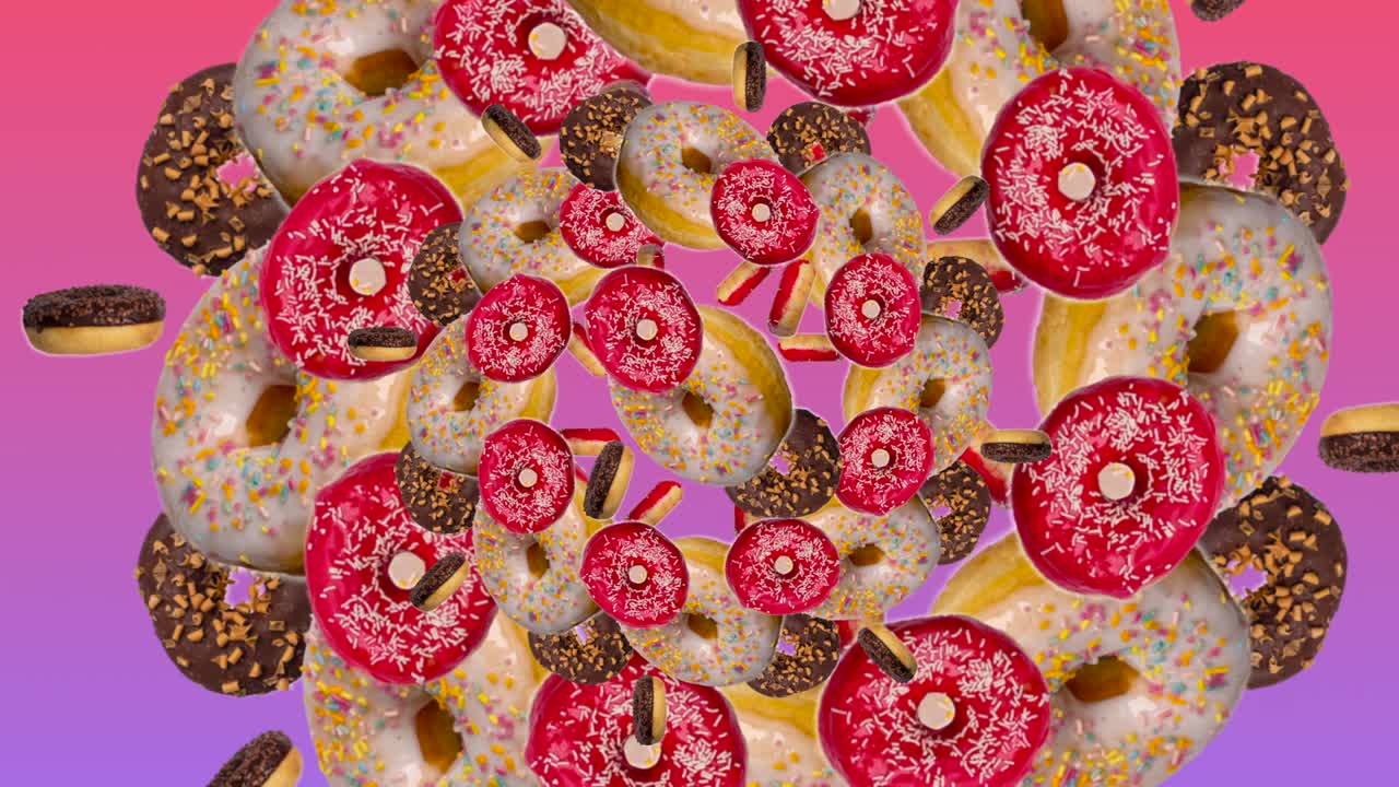 абстрактная красочная анимация пончиков, движущихся от центра розового градиентного фона - бесшовная петля. концепция пекарни и еды