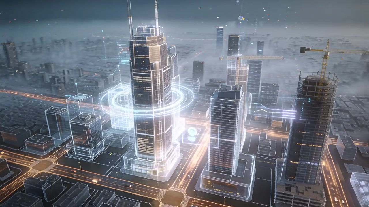 Telecamera rotante che scende, un grattacielo centrale forma un anello olografico sopra la griglia urbana, evidenziando la torre.