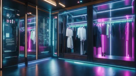 futuristic walk-in closet with neon lighting