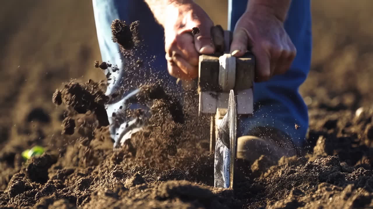 Person working the soil with a gardening tool