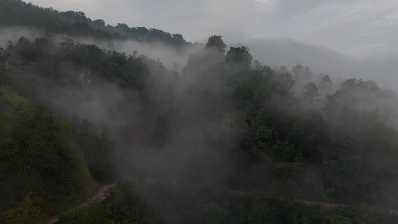 y una hermosa vista aérea de las montañas, el bosque blanco y la niebla.