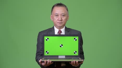 mature japanese businessman showing laptop